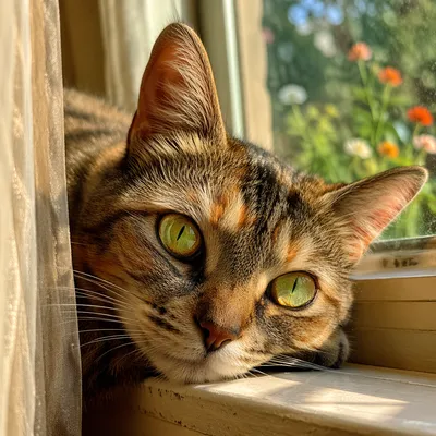 Sunlit Cat Portrait With Green Gold Eyes