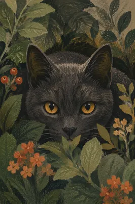 Charcoal Cat with Amber Eyes in Garden