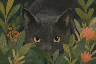 Charcoal Cat with Amber Eyes in Garden