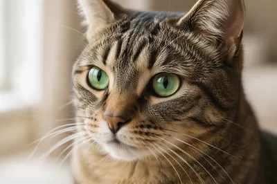 Close-Up Tabby Cat with Emerald Eyes