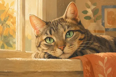 Sunlit Tabby Cat With Green Eyes
