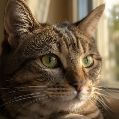 Sunlit Cat Portrait With Green Gold Eyes