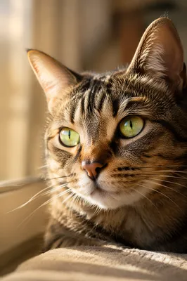 Sunlit Tabby Cat with Green Eyes