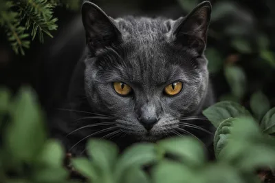 Charcoal Cat with Amber Eyes in Foliage