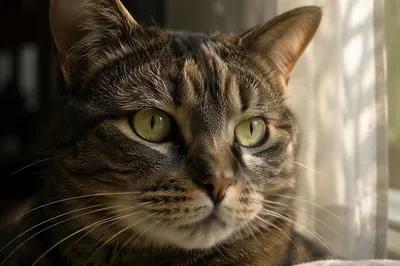 Sunlit Cat Portrait With Green Gold Eyes