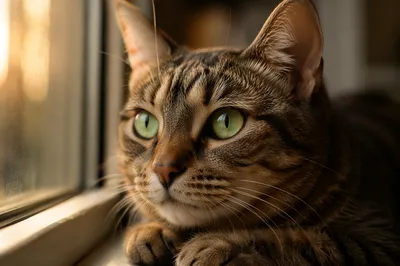 Sunlit Tabby Cat With Luminous Green Eyes