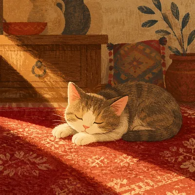 Sleeping Tabby Cat in Golden Sunlight