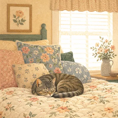Sleeping Tabby Cat in Sunlit Cozy Bedroom