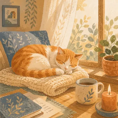 Sleeping Ginger Cat on Window Seat