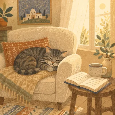 Sleeping Tabby Cat in Sunlit Cozy Home