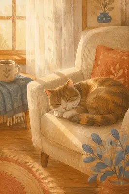 Cozy Sleeping Cat by Sunlit Window