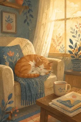 Sleeping Cat in Sunlit Cozy Home