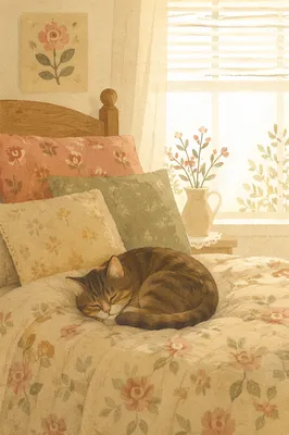 Sleeping Tabby Cat in Sunlit Cozy Bedroom
