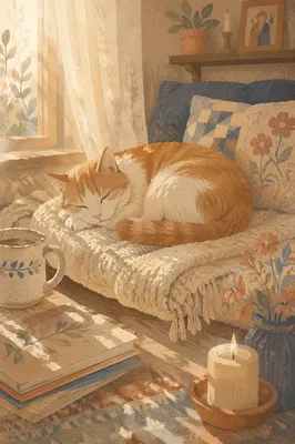 Sleeping Cat in Sunlit Cozy Home