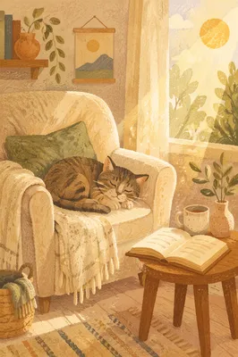 Sleeping Tabby Cat in Sunlit Cozy Home
