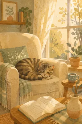 Sleeping Tabby Cat in Sunlit Reading Nook