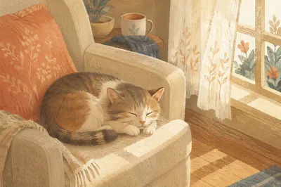 Sleepy Cat in Sunlit Cozy Corner