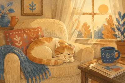 Sleeping Cat in Sunlit Cozy Home