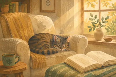 Sleeping Tabby Cat in Sunlit Reading Nook