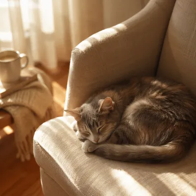 Sleepy Cat in Sunlit Cozy Home