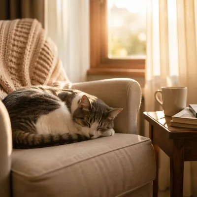 Sleeping Cat in Warm Sunlit Home