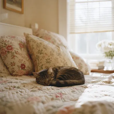 Sleeping Tabby Cat in Sunlit Cozy Bedroom