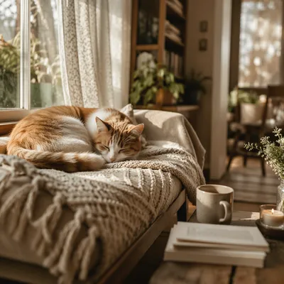 Sleeping Cat in Cozy Morning Sunlight