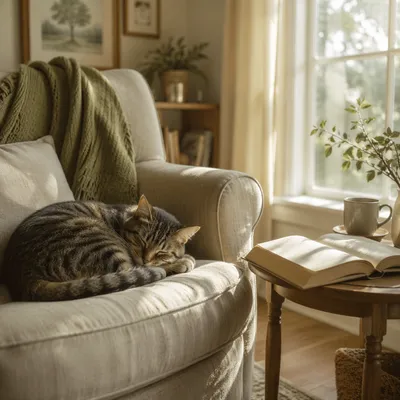 Sleeping Tabby Cat in Sunlit Cozy Home