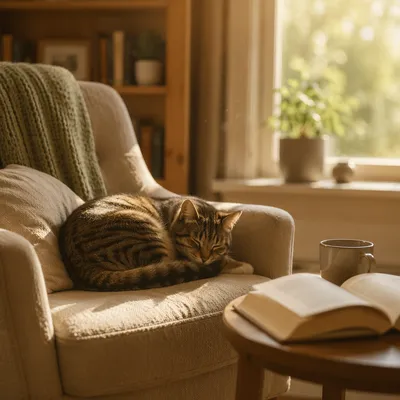 Sleeping Tabby Cat in Sunlit Cozy Nook