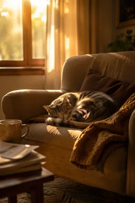 Sleeping Cat by Sunlit Window