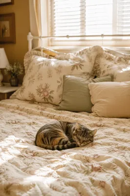 Sleeping Tabby Cat in Sunlit Cozy Bedroom