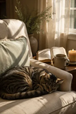 Sleeping Tabby Cat in Sunlit Cozy Home