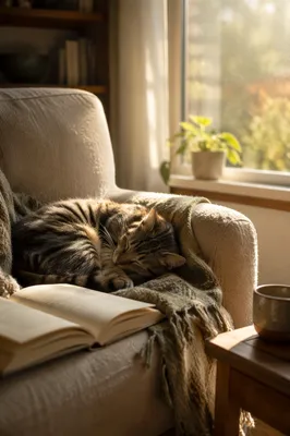 Sleeping Tabby Cat in Sunlit Reading Nook