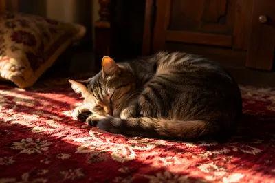 Sleeping Tabby Cat in Golden Sunlight