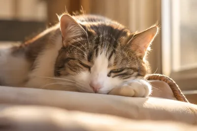 Cozy Sleeping Tabby Cat by Sunlit Window