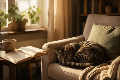 Sleeping Tabby Cat in Sunlit Reading Nook
