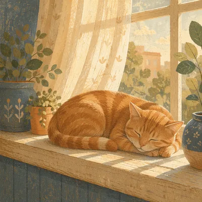 Sunlit Ginger Cat Sleeping by Window