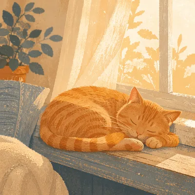 Sleeping Ginger Cat in Sunlit Window