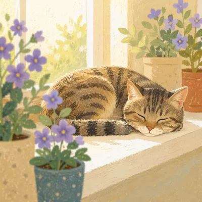 Peaceful Tabby Cat in Morning Sunlight