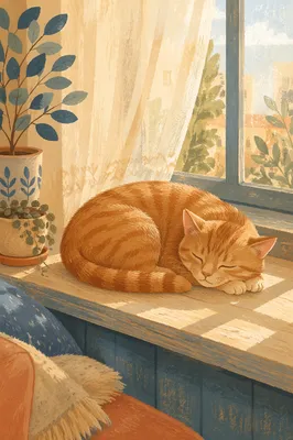 Sunlit Ginger Cat Sleeping by Window