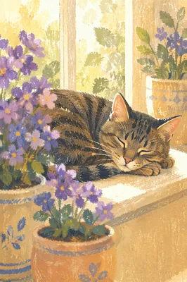 Peaceful Tabby Cat in Morning Sunlight