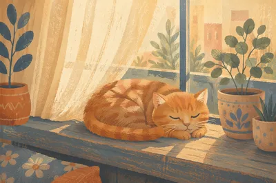 Sleeping Ginger Cat in Window Sunlight