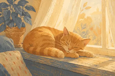 Sunlit Ginger Cat Sleeping on Windowsill