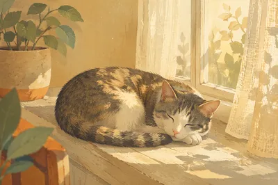 Sleeping Cat on Sunlit Windowsill