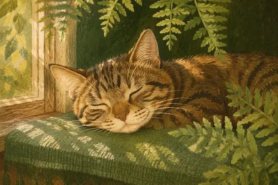Peaceful Tabby Cat in Sunlit Window
