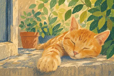 Sunlit Ginger Cat Resting on Windowsill