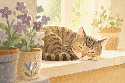 Peaceful Tabby Cat in Morning Sunlight