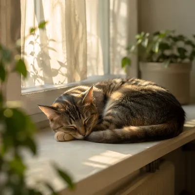 Sleeping Cat in Warm Window Light