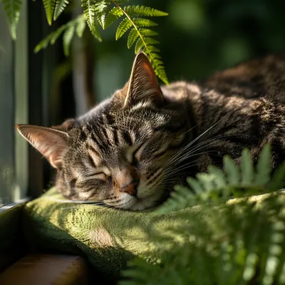 Peaceful Tabby Cat in Sunlit Window