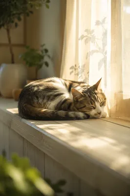 Sleeping Cat on Sunlit Windowsill